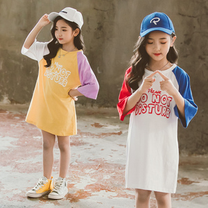 女童中长款T裙2021夏季新款韩版童装中大童纯棉短袖T恤洋气连衣裙