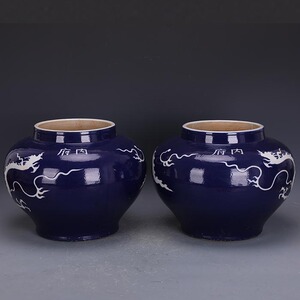 元代霁蓝釉留白刻龙纹罐子一对仿出土官窑古瓷器手工古玩古董收藏