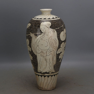 宋代磁州窑白地黑彩人物纹梅瓶 仿出土文物古瓷器 手工瓷古玩收藏