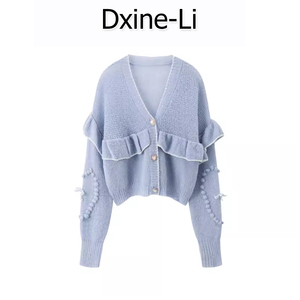 DXINE 2023新款韩版修身显瘦V领荷叶边针织衫女开衫毛衣上衣外套