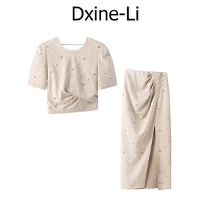 DXINE2024夏季时尚短袖重工钉珠褶皱短款卫衣半身裙辣妹套装女装