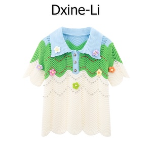 DXINE 2024夏季时尚新款镂空立体花朵针织衫宽松撞色短袖上衣女装