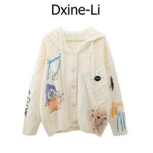 DXINE 2023年秋冬新款小众韩版立体小熊针织开衫连帽毛衣外套女装