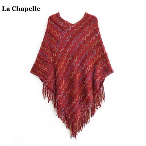 拉夏贝尔/La Chapelle民族风红色披肩女V领流苏针织披肩斗篷毛衣
