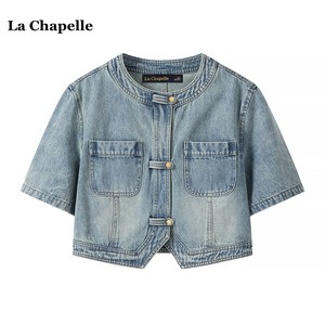 拉夏贝尔/La Chapelle新中式短袖牛仔外套女夏季圆领百搭开衫坎肩