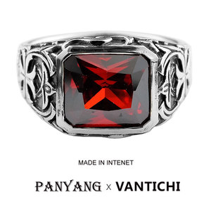 [幸运吉祥]VANTICH925银红色宝石高级设计感复古食指男戒指潮指环