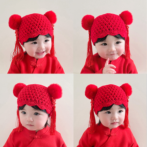 婴儿帽子春秋款女宝宝中国风针织毛线帽新生儿满月百天0一3月女婴