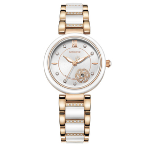 meshor名梭手表女士正品女士陶瓷石英表手表女防水 玫瑰金ms.7017