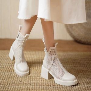 夏季马丁靴女款高跟白色网纱镂空鞋子透气薄款粗跟女靴厚底短靴子