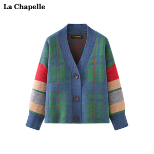 拉夏贝尔/La ChapelleV领拼色格子短款针织开衫女复古毛衣外套冬