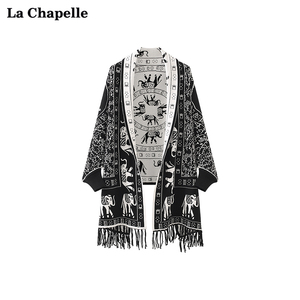 拉夏贝尔/La Chapelle民族风提花针织披肩女复古流苏外搭围巾春季