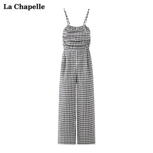拉夏贝尔/La Chapelle高级压皱抹胸吊带连体裤女高腰宽松直筒长裤