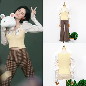 明星乔欣同款衣服女秋冬季新款法式针织拼接泡泡袖衬衫格子休闲裤