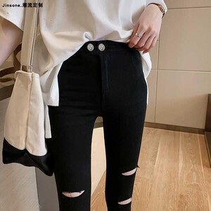 韩国破洞打底裤女外穿春秋夏薄款2022新款高腰紧身黑色铅笔小脚裤