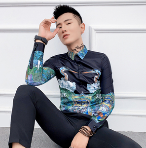 花衬衫男长袖修身韩版潮流青年帅气印花上衣休闲男士秋季免烫衬衣