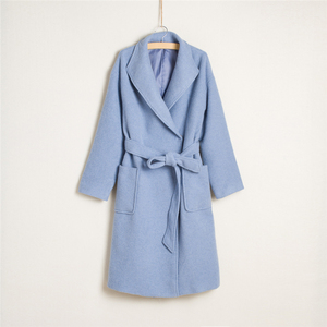 双十一出口原版长款毛呢外套女气质高腰系带纯色蓝灰色呢大衣1447