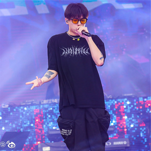 2727world法老同新款 ss21 潮流嘻哈休闲宽松分裂印花黑色短袖t恤