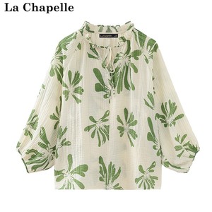 拉夏贝尔/La Chapelle夏季新款复古系带灯笼袖衬衫女宽松花色上衣