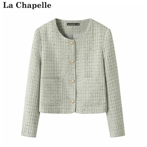 拉夏贝尔/La Chapelle春季2024款绿色小香风外套法式粗花呢上衣女