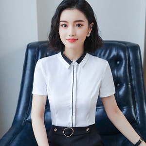 白色职业衬衫女短袖套装韩版修身大码工装衬衣工作服商务正装夏季