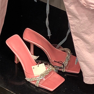 芭比粉色凉鞋女夏季外穿方头水钻透明高跟鞋女大码细跟露趾凉拖鞋