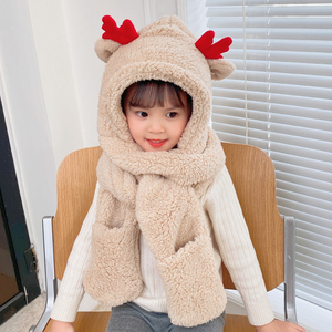 新款秋冬儿童圣诞鹿角帽围巾手套三件一体套装加厚可爱学生女护耳