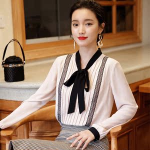 流金丽影ms0096 雪纺衫女装2018春季新款小清新蝴蝶结衬衫女长袖