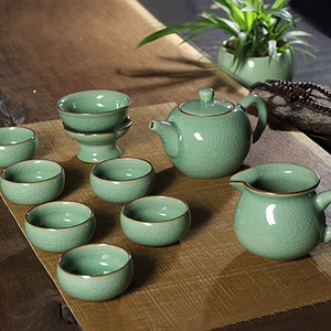 龙泉市精品青瓷整套功夫茶具十件套陶瓷哥窑冰裂开片茶壶茶杯套装