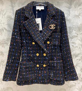 chanel/香奈儿2022早秋重工彩色编织粗花呢双排扣翻领毛呢外套女