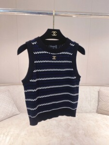 chanel/香奈儿22夏季新款条纹重工logo刺绣弹力针织无袖背心上衣