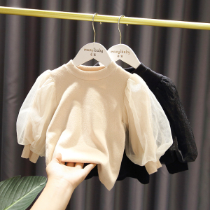 1-5岁女宝宝超软弹力上衣女婴儿童秋装洋气3女童网纱灯笼袖打底衫