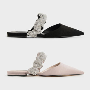 小ck春夏新款包头半拖鞋女ck1-70900320半宝石水钻尖头平底穆勒鞋