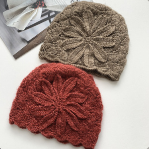 日系复古手工钩针花朵包头帽子女甜美时尚马海毛针织毛线帽瓜皮帽