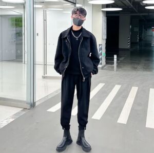 抖音快手橱窗潮男前线套装同款春季魔术贴双褶边宽松马丁靴裤子男