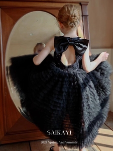 韩国高端S品牌儿童礼服裙2024夏装款黑天鹅连衣裙蓬蓬公主裙生日