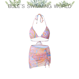 韩国分体泳衣裙式三角性感少女粉红色显瘦比基尼三件套温泉泳装
