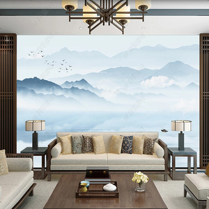新中式素色墙纸水墨山水画电视背景墙壁纸客厅沙发影视墙壁画墙布