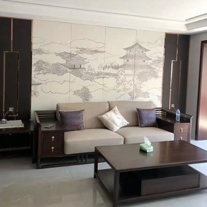 新中式客厅电视沙发卧室床头硬包背景墙格栅木饰面扶墙板皮革刺绣