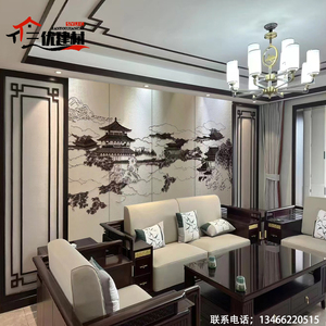 新中式客厅电视沙发卧室床头硬包背景墙格栅木饰面扶墙板皮革刺绣