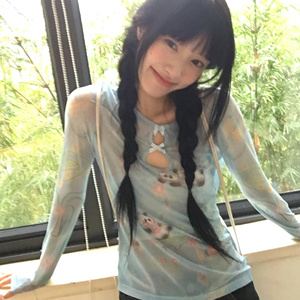 新中式蓝色熊猫印花镂空网纱上衣女夏季设计感修身长袖打底衫T恤