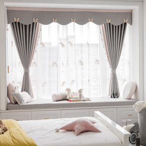 新款现代简约轻奢风女孩房灰粉棉麻遮光窗帘幔头儿童房飘窗窗纱
