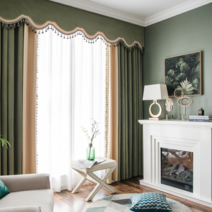 现代美式轻奢绒布纯色客厅卧室飘窗帘头窗幔窗帘定做 橄榄绿拼色