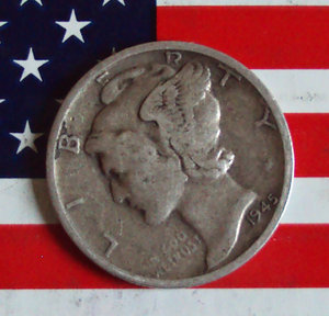 老银币1945年s版【美国墨丘利(俗称小飞人)10美分】90%银 #10实拍