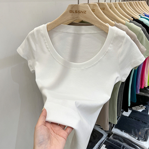 欧货白色t恤女短袖夏季2024新款小众设计感低圆领修身短款上衣女