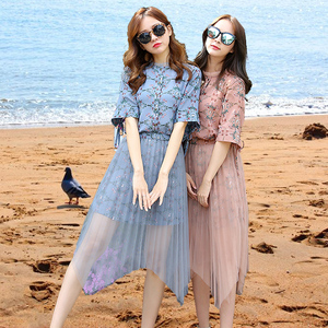 夏季新款韩版女式中长款印花雪纺衬衫欧根纱半裙套装连衣裙