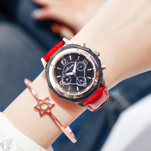 2021年新款手表女时尚潮流大表盘霸气ins风红色真皮日历六针女表