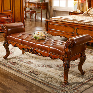 欧式床凳实木真皮床尾凳美式床榻床边凳法式沙发换鞋长凳卧室家具