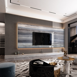 悬空大理石电视背景墙瓷砖装饰柜现代简约轻奢客厅实木格栅影视墙