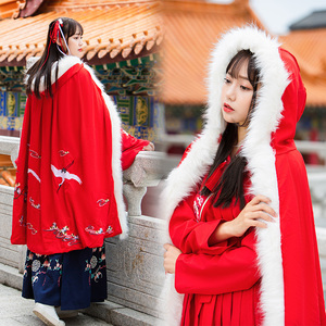 汉服女秋冬装古装仙鹤斗篷古风重工刺绣加绒加厚保暖连帽披风外套