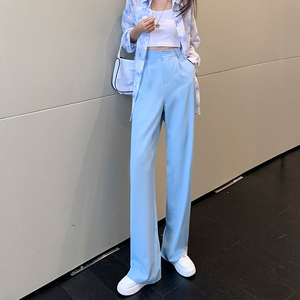 阔腿裤女高腰垂感夏季薄款小个子休闲拖地蓝色西装裤女宽松直筒裤